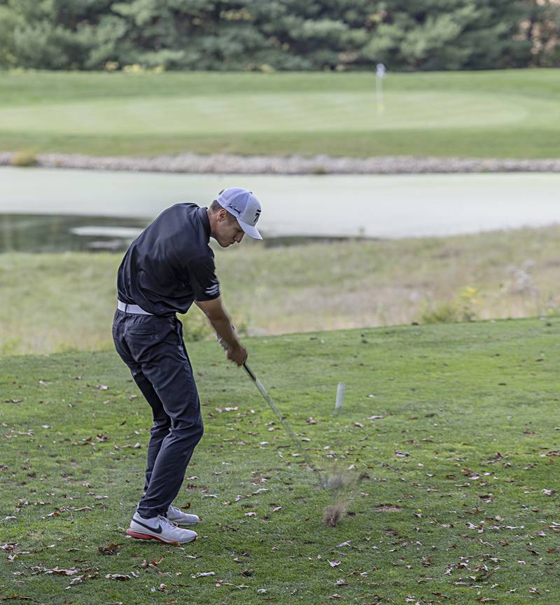 Byron’s Mason Brandt drives on #13 Wednesday, Sept. 27, 2023 during the class 2A golf regionals at Deer Valley Country Club.