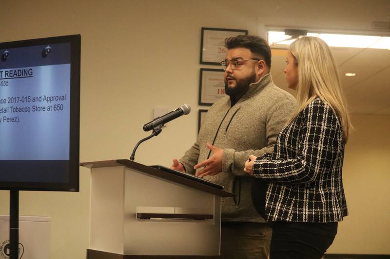 Bob Perez (left) and Katarina Karac speak at the Nov. 27, 2023 meeting of the DeKalb City Council.