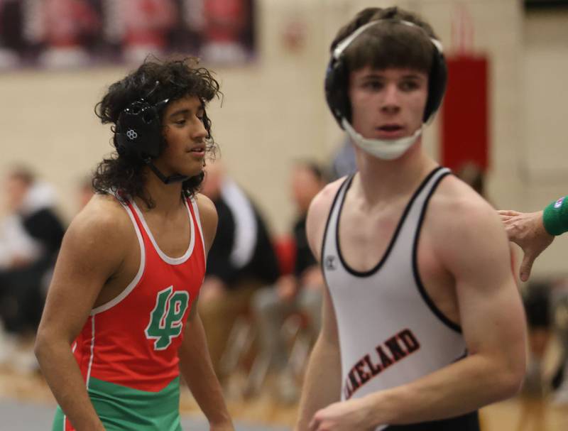 L-P's Enrique Garcia smiles after defeating Kaneland's Camden Skipper during a meet on Thursday, Jan. 22, 2026 in Sellett Gymnasium at L-P High School.
