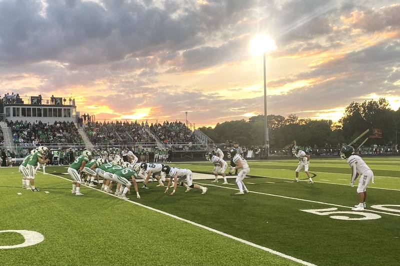 The St. Bede Academy defense (at right) lines up against Eureka on Friday, Sept. 5, 2025, at McCollum Stadium in Eureka.