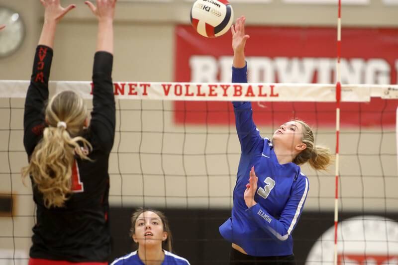 St. Charles North’s Amber Czerniak gets the ball over the net during a game on Monday, Oct. 7, 2024 at Benet in Lisle.