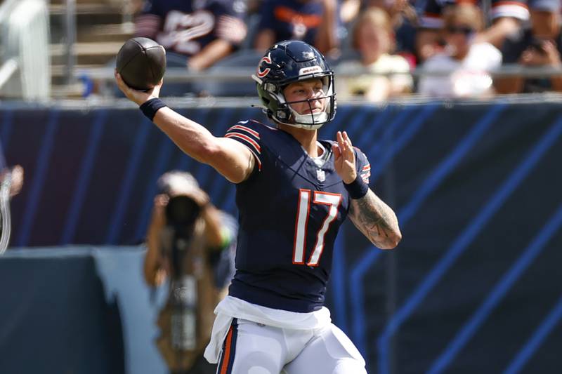 Chicago Bears quarterback Tyson Bagent looks to pass the ball against the Tennessee Titans during the second half, Saturday, Aug. 12, 2023, in Chicago.