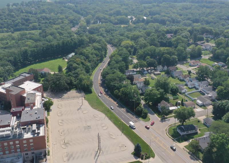 An aerial view of the intersection of Illinois Route 23 and Etna Road  on Friday, Aug. 15, 2025 in Ottawa. The intersection sees some of the most accidents in the City of Ottawa.