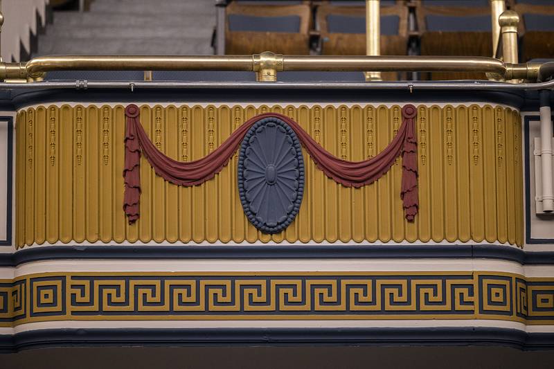 New paint is seen on the walls, ceiling and boxes of The Dixon Tuesday, Feb. 18, 2025. The theater took what limited information they could find of the color scheme to match the original decor.