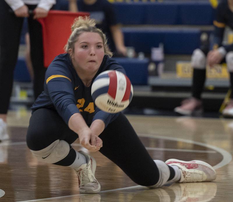 Sterling’s Carley Sullivan makes a save against United Township Tuesday, Oct. 15, 2024, in Sterling.