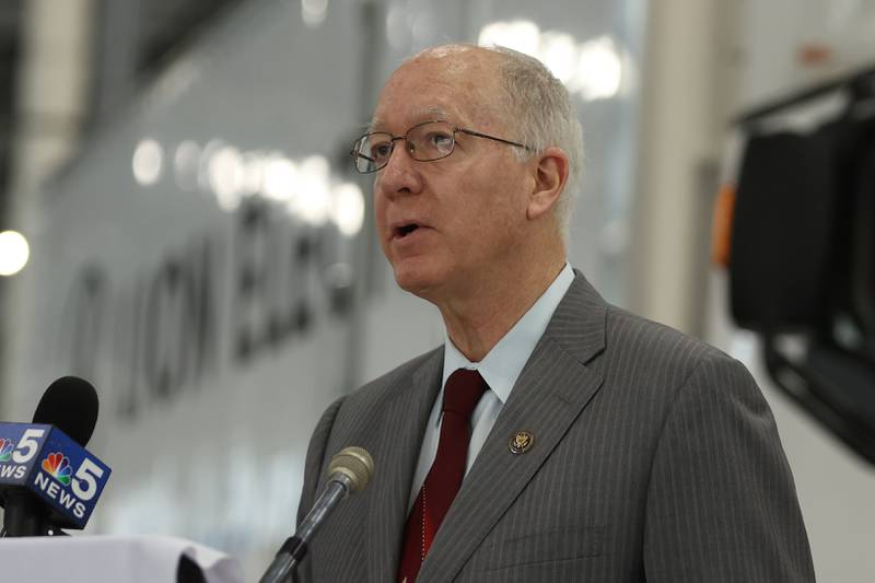 Congressman Bill Foster speaks during a press conference and interactive tour of the Lion Electric vehicle manufacturing facility. Monday, Mar. 21, 2022, in Joliet.