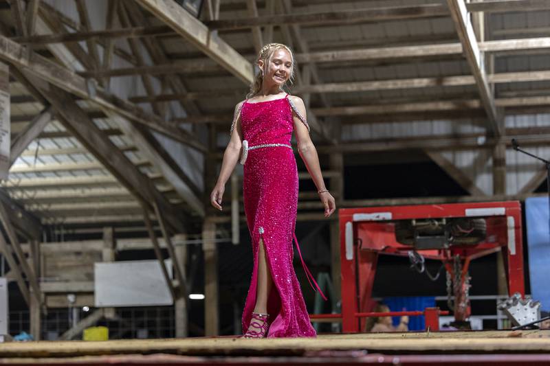 Onyx Doan, 12, competes in the Ogle County Junior Miss pageant Thursday, July 30, 2025, at the Ogle County Fairgrounds.