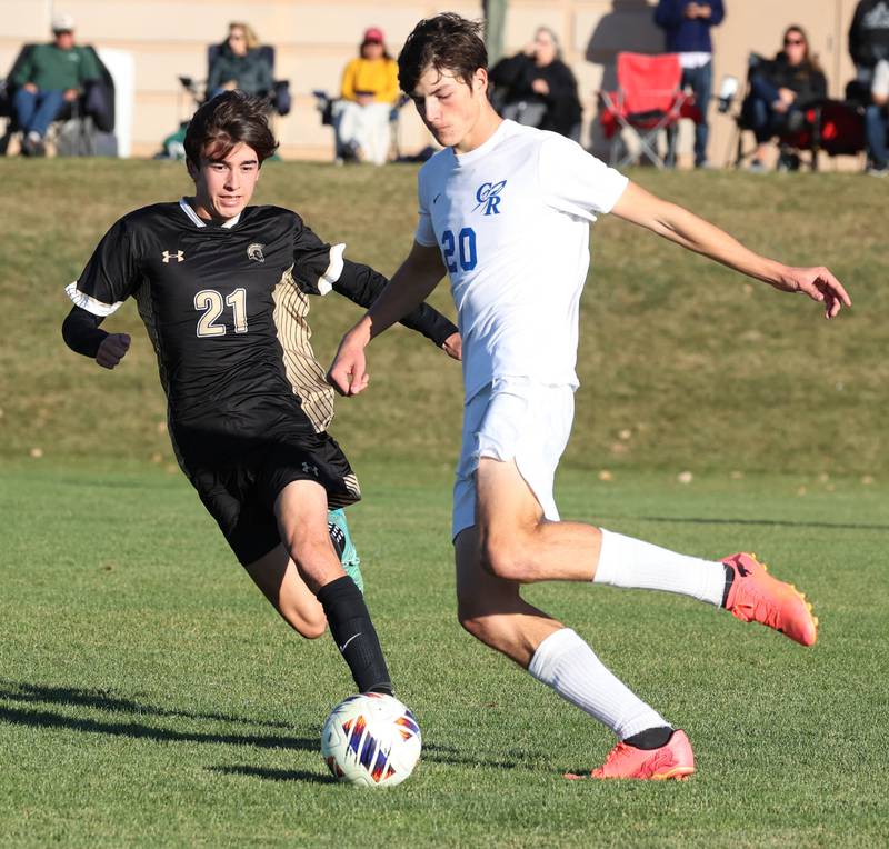 Burlington Central's Holden Wiegel tries to get by Sycamore's Leo Padilla Wednesday, Oct. 23, 2024, during their Class 2A Sycamore Regional semifinal.