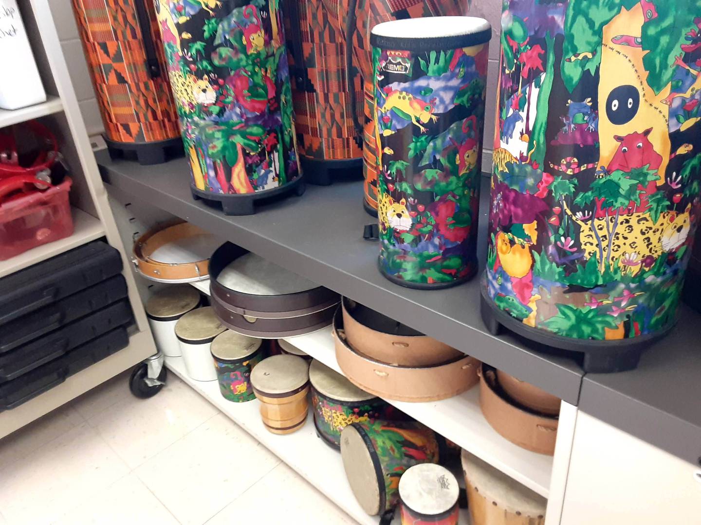 Tambourines and drums sit ready to go for Brianne Borgman's elementary students. She teaches music classes at Malta and Jefferson elementary schools in DeKalb District 428. (Photo provided by Brianne Borgman)