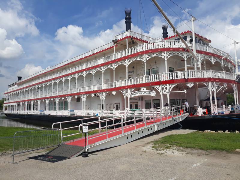The American Countess docked Monday, Aug. 15, 2022, at Allen Park in Ottawa, just to the west of the trestle over the Illinois River. The ship can't clear the bridge.