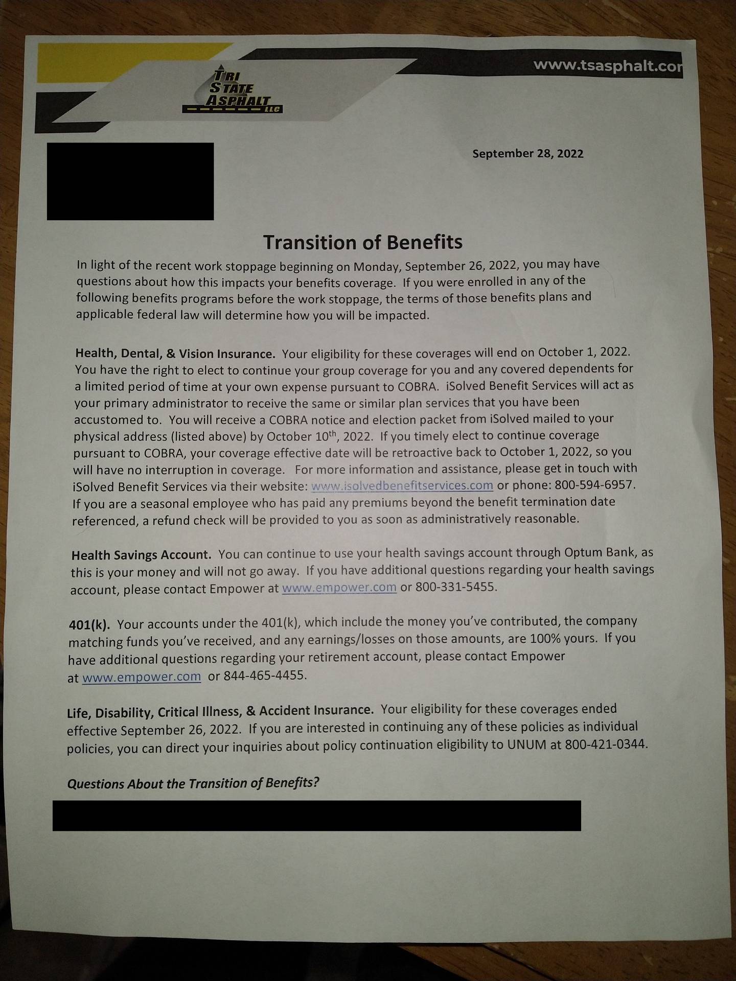 On Wednesday, Sept. 28, Tri-State Asphalt, sent out a letter to its employees on strike, outlining how its striking would impact employees’ benefits.