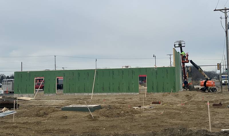 Crews build walls for the new Jersey Mike's Subs location on Thursday, Feb. 12, 2026 in Princeton. The business is located at the corner of Illinois Route 26 and Backbone Road.