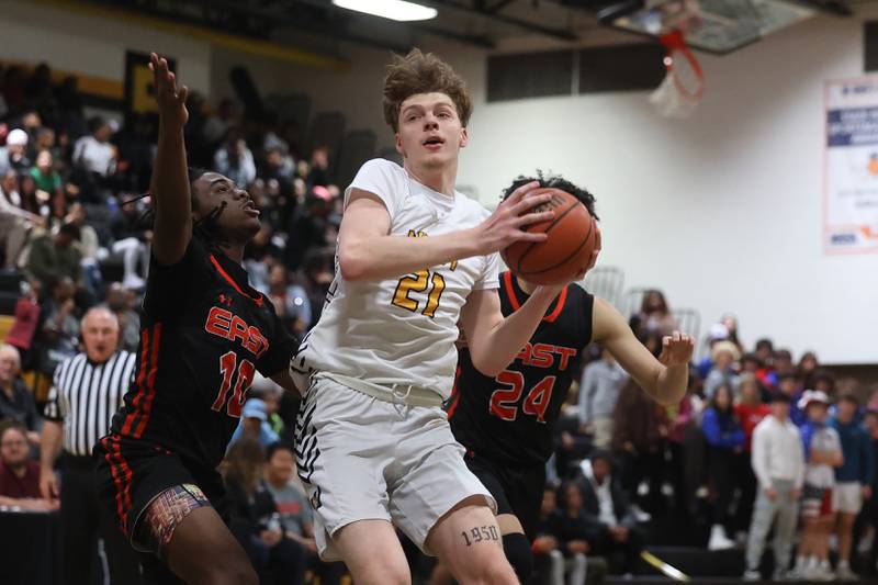 Joliet West’s Drew King looks to make a play against Plainfield East on Friday, Dec. 8th, 2023 in Joliet.