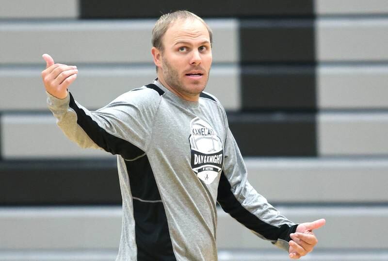 New Kaneland girls basketball varsity head coach Brian Claesson leads his team Monday, June 27, 2022, during practice at the school in Maple Park.