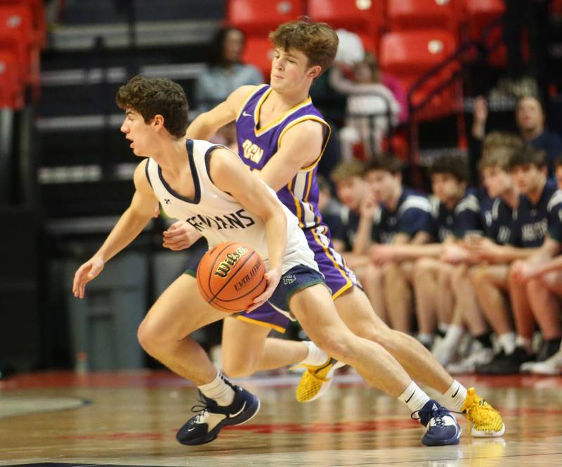 New Trier's Evan Kanellos sprints in front of Downers Grove North's Owen Thulin in the Class 4A state third place game on Friday, March 10, 2023 at the State Farm Center in Champaign.