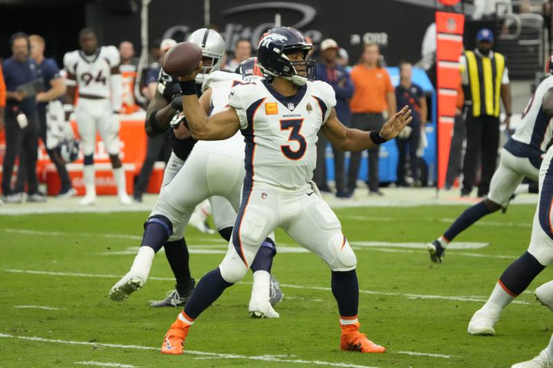 Denver Broncos quarterback Russell Wilson (3) during the first half of an NFL football game against the Las Vegas Raiders in Las Vegas. (AP Photo/Rick Scuteri)