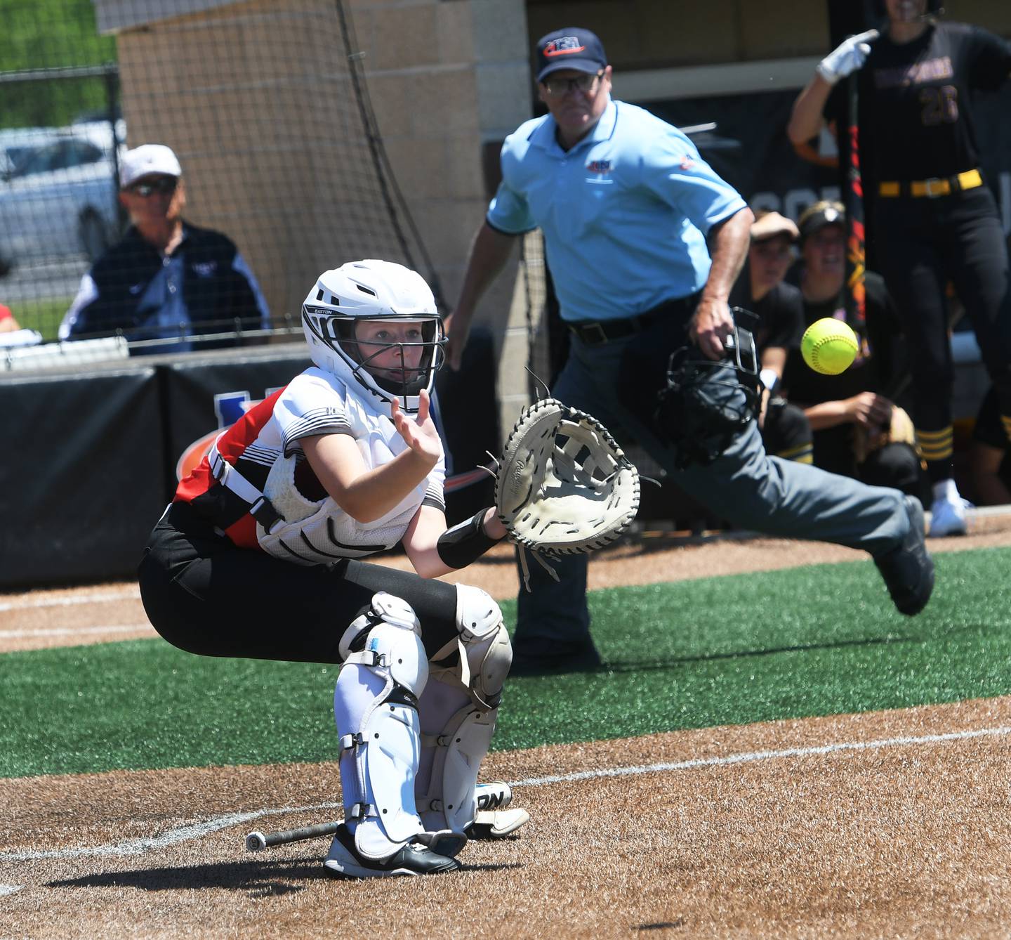 Forreston's Hailey Greenfield waits for a throw to the plate during semifinal action at the 1A softball finals in Peoria on Friday, June 3. The Cardinals lost the game 4-0 and will place Newark for third place on Saturday, June 4.