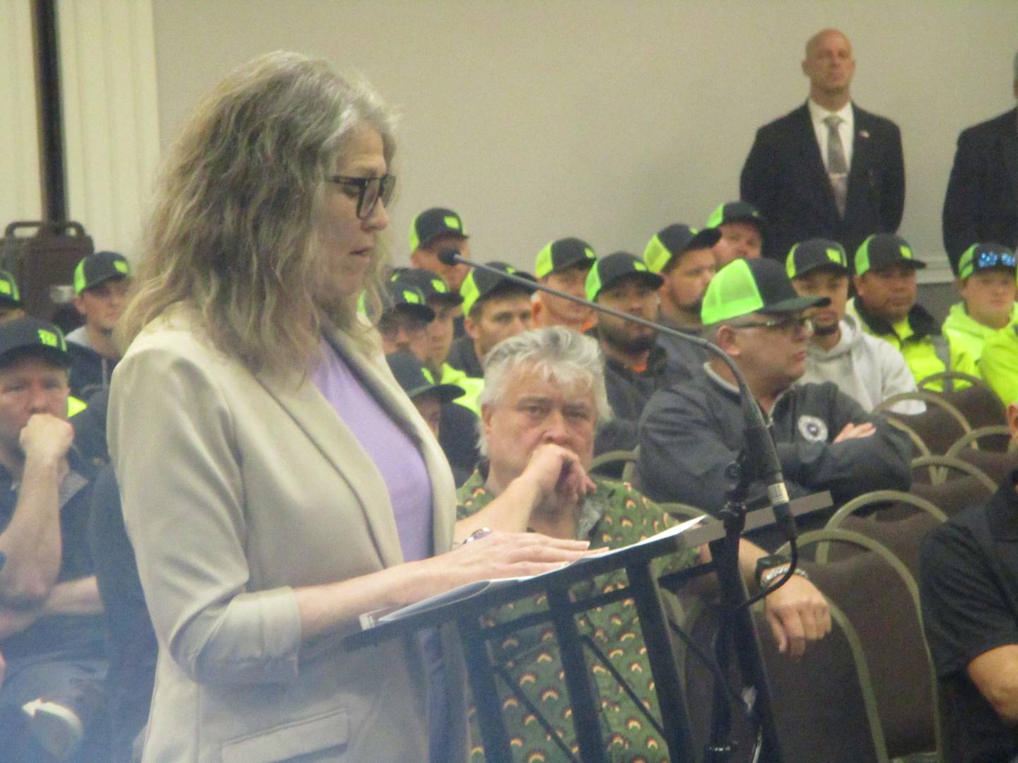 Channahon Mayor Missey Moorman Schumacher speaks to the Will County Board on April 16 before a vote on solar projects that included one opposed by the village of Channahon. April 16, 2026