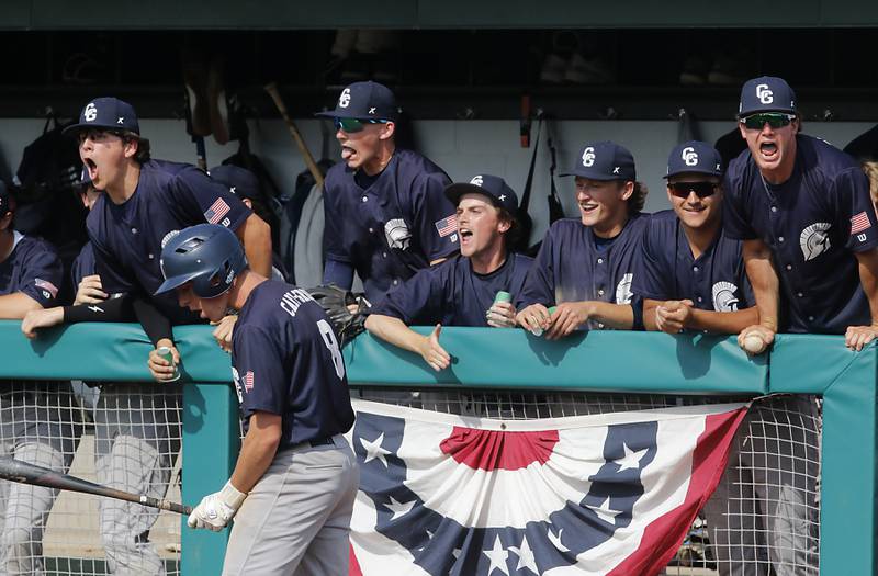 Cary-Grove players yell for their teammates during the IHSA Class 3A Grayslake Central Sectional semifinal baseball game against Prairie Ridge on Wednesday, June 4, 2025, at Grayslake Central High School.