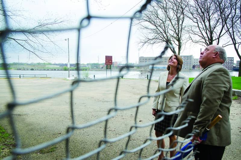 2017 FILE: Congresswoman Cheri Bustos and Rock Falls Mayor Bill Wescott look over building destined for demolition.