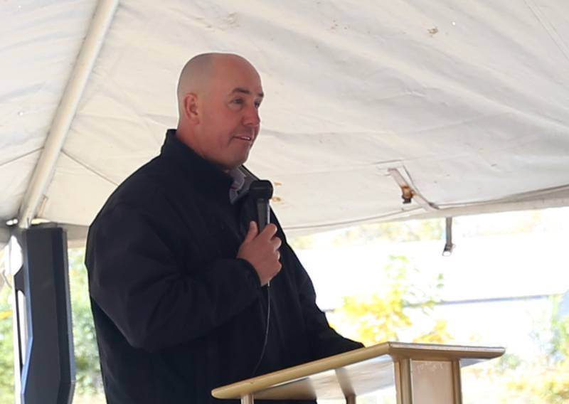 State Rep. Lance Yednock (D-Ottawa) speaks to a large crowd during a groundbreaking ceremony for the new YMCA on Tuesday, Oct. 18, 2022 in Ottawa.