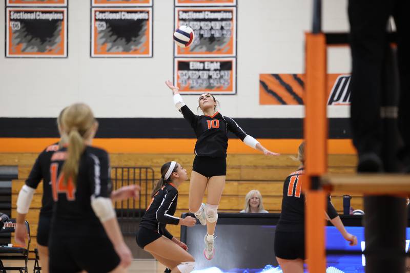 Beecher's Emily Avelar sends the ball over the net during the Bobcats' victory in two sets, 25-22, 25-23, over Grant Park in the RVC championship game on Monday, Oct. 20, 2025, at Beecher High School.
