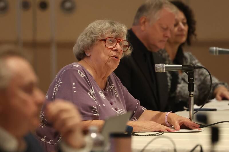 Carol Deemer speaks out against the sale of St. Margaret’s hospital in Peru at the Illinois Health Facilities and Services Review State Board Meeting on Thursday, July 27 in Bolingbrook.