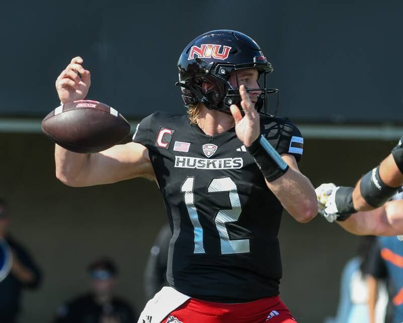 Northern Illinois University Rocky Lombardi fumbles the ball in the end zone while taking on Tulsa University on Saturday Sep. 23, 2023, that was the result of a safety while playing in DeKalb.