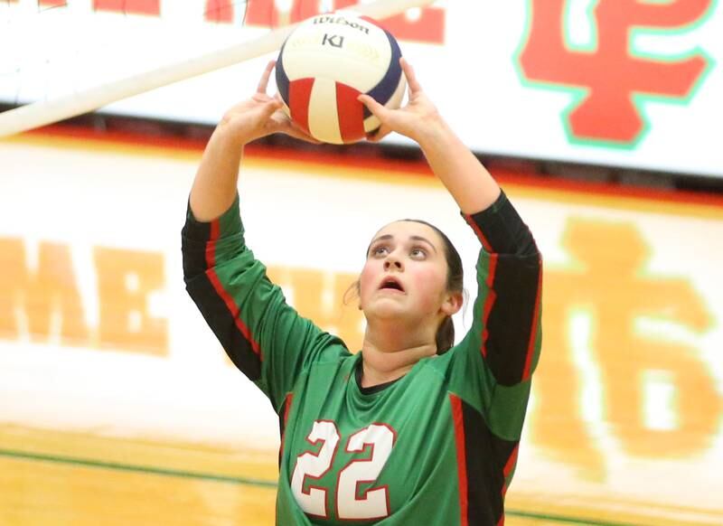 L-P's Carly Garretson sets the ball against Sycamore on Tuesday, Oct. 15, 2024 in AJ Sellett Gymnasium at L-P High School.