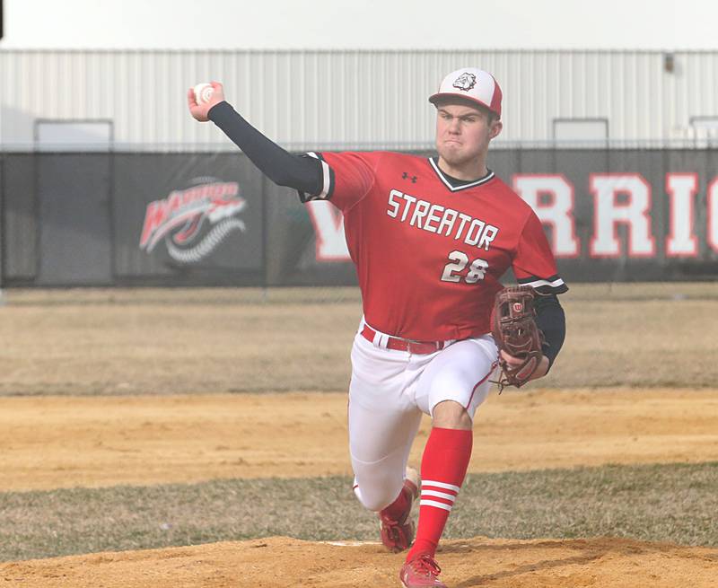 Streator's Landon Muntz delivers a pitch to Woodland/Flanagan-Cornell on Wednesday, March 15, 2023 at Woodland High School.