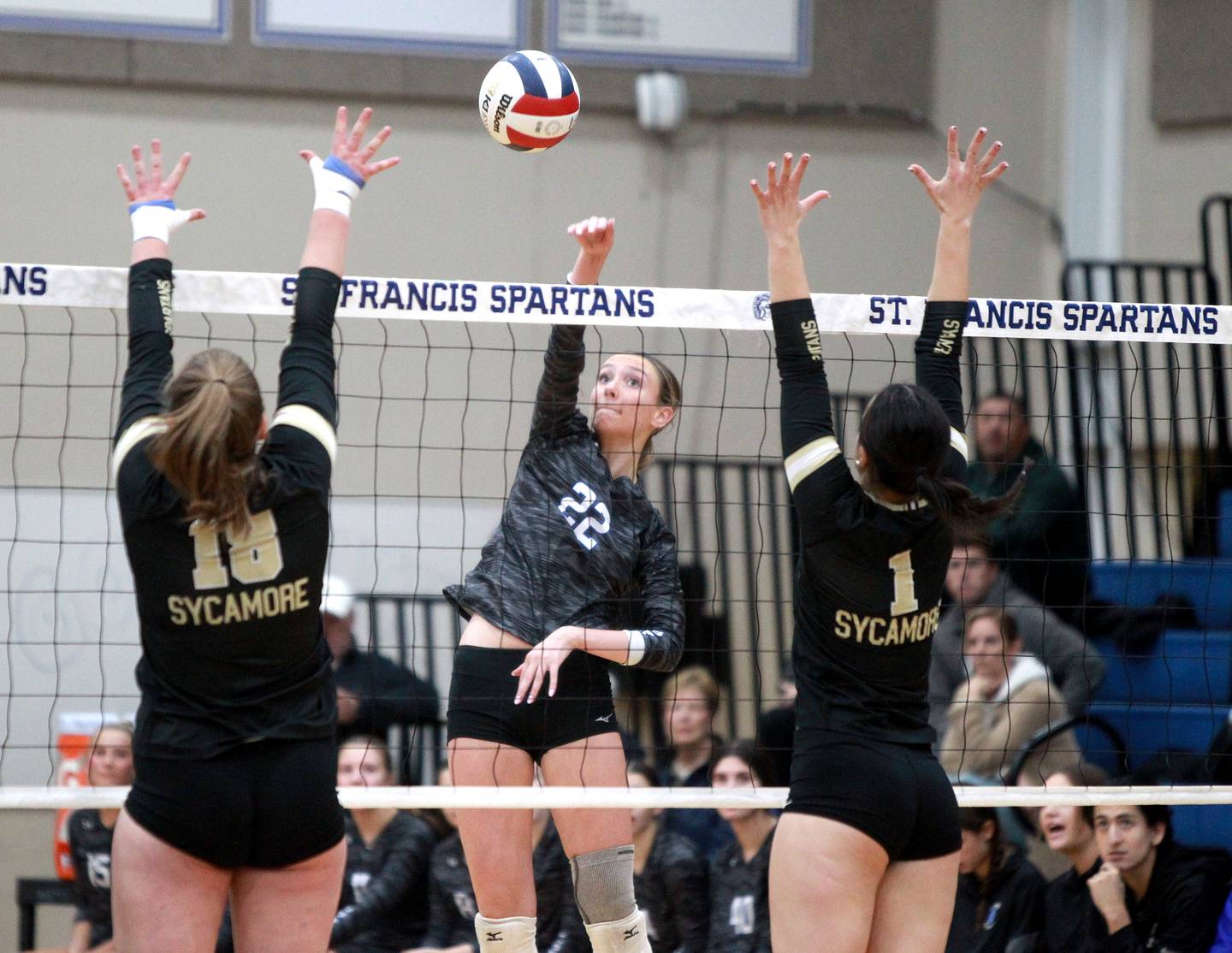 St. Francis’ Addy Horner goes up for a kill during a Class 3A St. Francis Sectional Semifinal against Sycamore in Wheaton on Monday, Oct. 30, 2023.