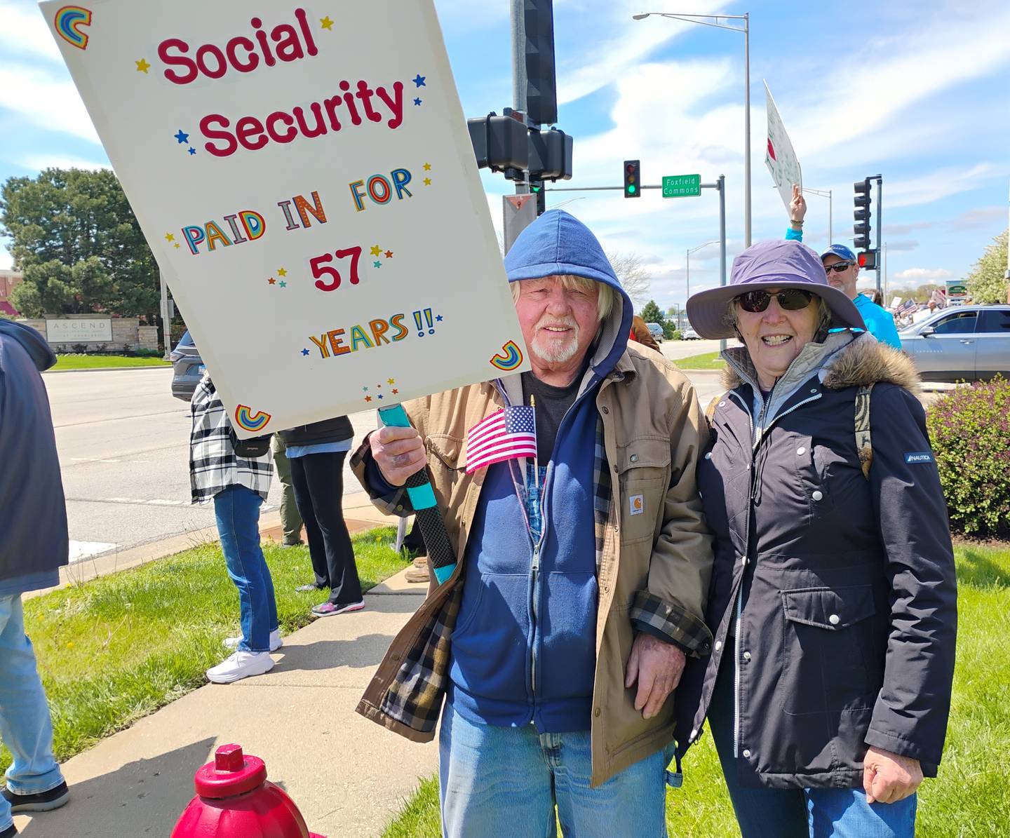 Rosane Menconi and James Norman joined the Hands Off!! rally Saturday, May 3, in St. Charles.