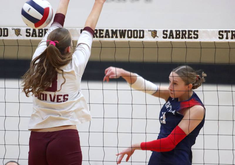 St. Viator’s Erin Lynch hits the ball against Prairie Ridge in IHSA Class 3A Super-Sectional girls volleyball at Streamwood High School in Streamwood on Monday, November 10, 2025.