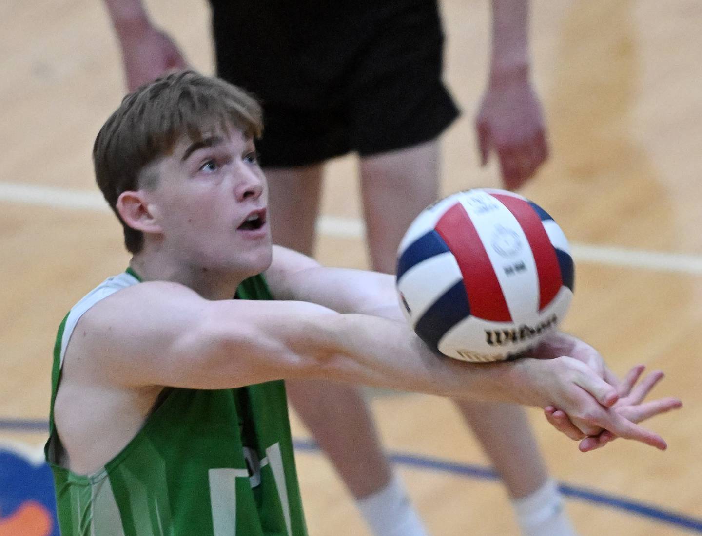 York’s Logan Rice keeps the ball in play against Lincoln-Way West during the boys state volleyball quarterfinals at Hoffman Estates High School on Friday, May 31, 2024 in Hoffman Estates.