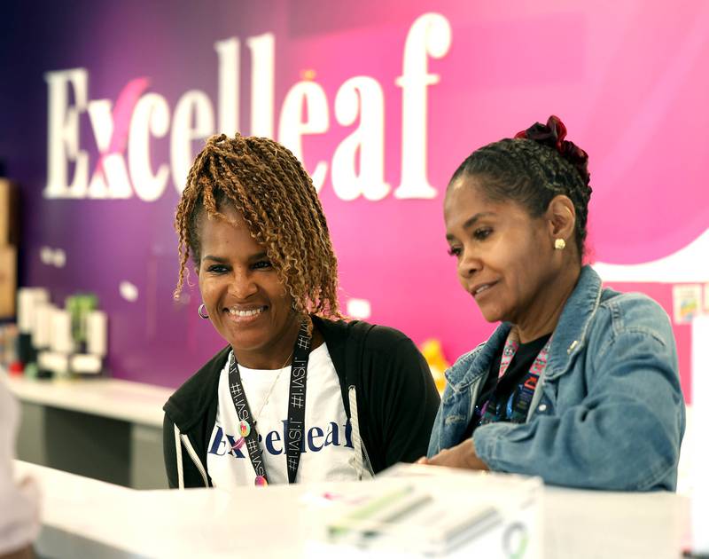 Two of Excelleaf’s owners Maria Davis, (left) and Crystal Anderson talk Friday, June 20, 2025, about the new tasting room they will be debuting and how business has been since they opened the marijuana dispensary in DeKalb in December of 2023.
