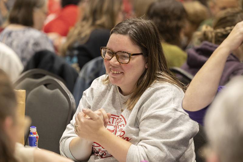 Alyssa Larson of Sterling reacts Thursday, Nov. 20, 2025, to being the first Bingo winner of the night in Rock Falls.