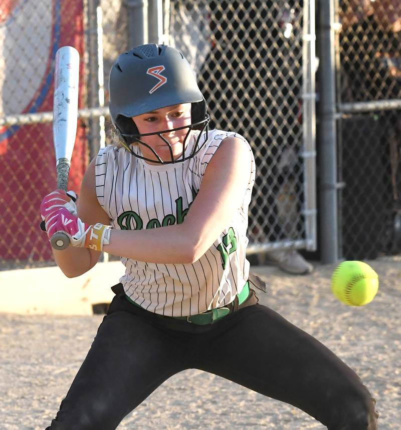 Rock Falls' Zoey Silva watches the ball as she bats against Winnebago at the 2A Oregon Regional semifinal on Wednesday, May 20, 2026.