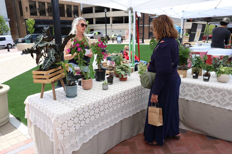 Internode owner Michele Arana helps a customer at the new city square for the farmers market on Friday, May 22, 2026 in Joliet.