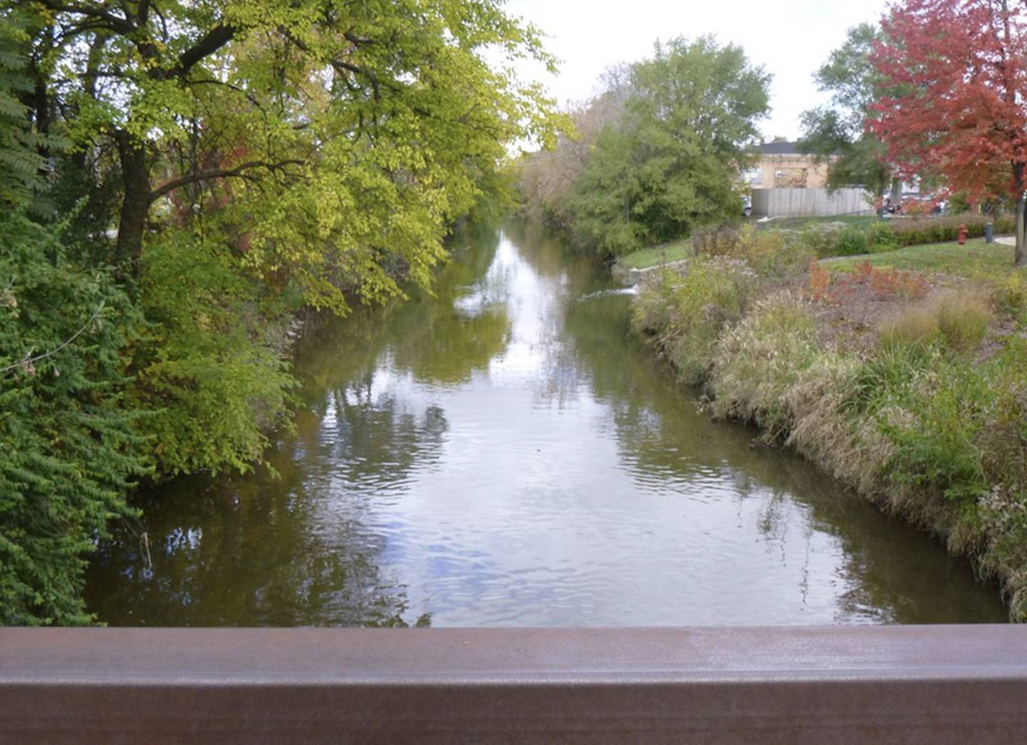 Looking upstream of the old I & M Canal from the 8th Street Gaylord Building pedestrian bridge in downtown Lockport.