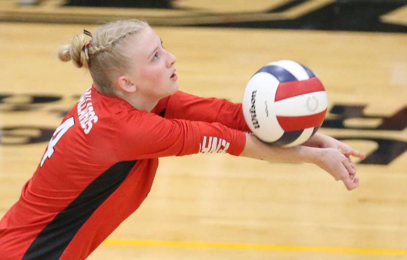 Henry-Senachwine libero Taylor Frawley returns a serve during the Class 1A Regional semifinal game on Wednesday, Oct. 29, 2025 at Putnam County High School.