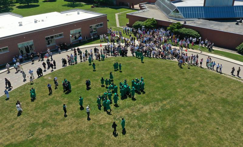 An aerial view of St. Bede graduates, families and friends as they depart the Abbey Church during the 133rd annual commencement ceremony on Sunday, May 18, 2025 at St. Bede Academy.