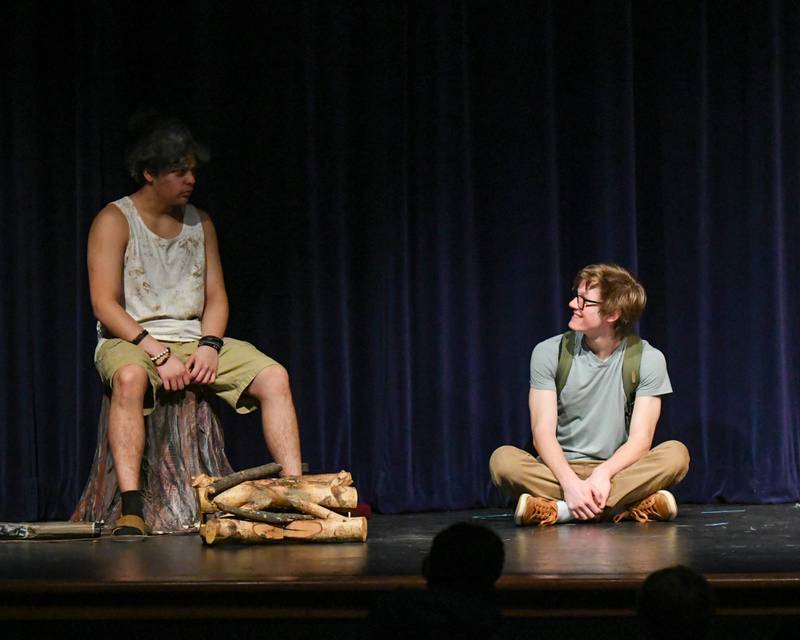 Martin played by Michael Heredia, left, and George played by Liam Nelson preform a one act play of A Horse With No Name on Saturday March 22, 2025, held at Lyons Township High School south campus.