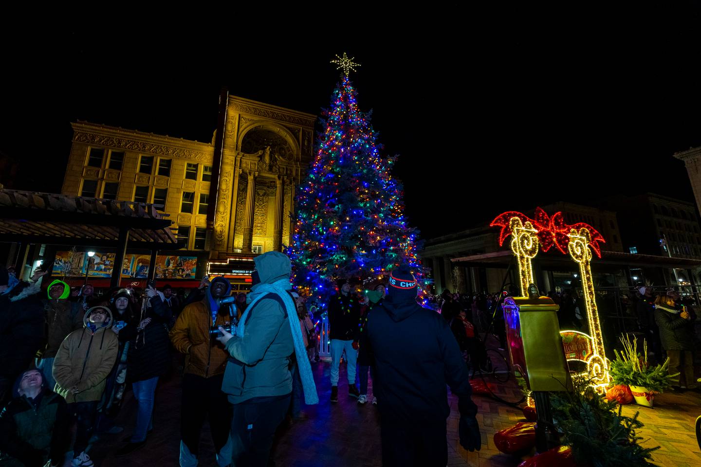 Holiday lights twinkle during the Light Up the Holidays Tree Lighting Ceremony at Joliet’s City Square on Nov. 28, 2025.