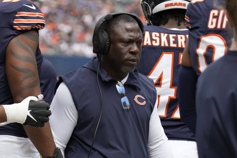 Chicago Bears defensive coordinator Alan Williams watches during the first half of an NFL preseason football game against the Buffalo Bills, Saturday, Aug. 26, 2023, in Chicago.