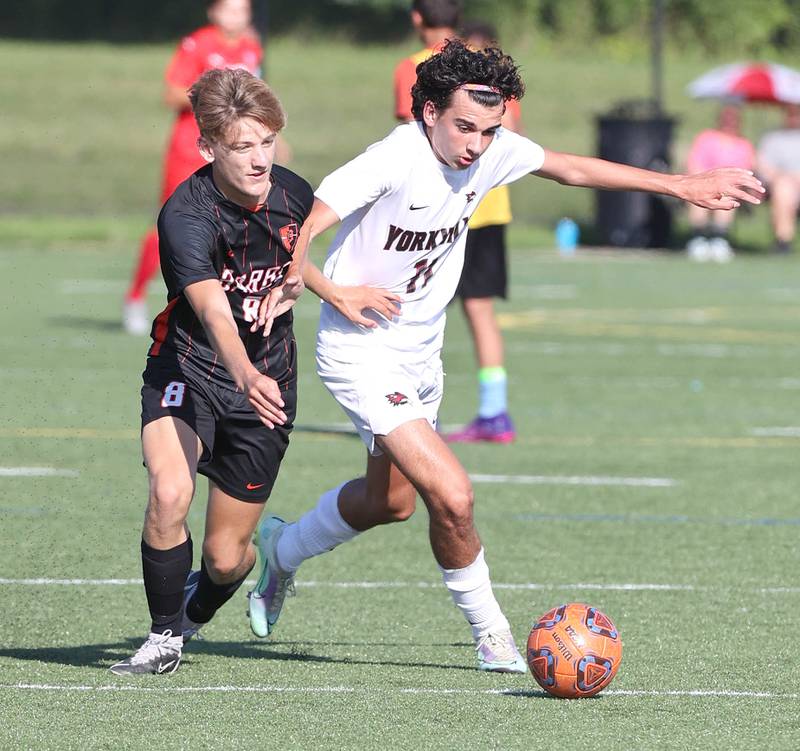 DeKalb's Matthew Tuszynski and Yorkville's Lukas Kleronomos battle for possession during their game Thursday, Aug. 25, 2022, in the Barb Cup at the Northern Illinois University Outdoor Recreation Sports Complex.