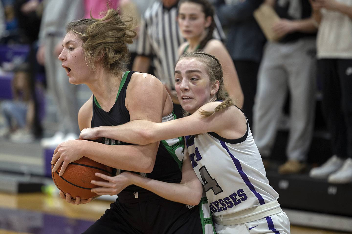 Rock Falls’ Claire Bickett and Dixon’s Abby Knipple fight for a ball Wednesday, Feb. 1, 2023.