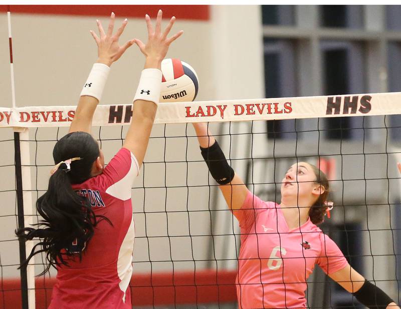 Princeton's Keely lawson blocks Hall's Kaitlyn Coutts spike on Thursday, Oct. 9, 2025 at Hall High School.
