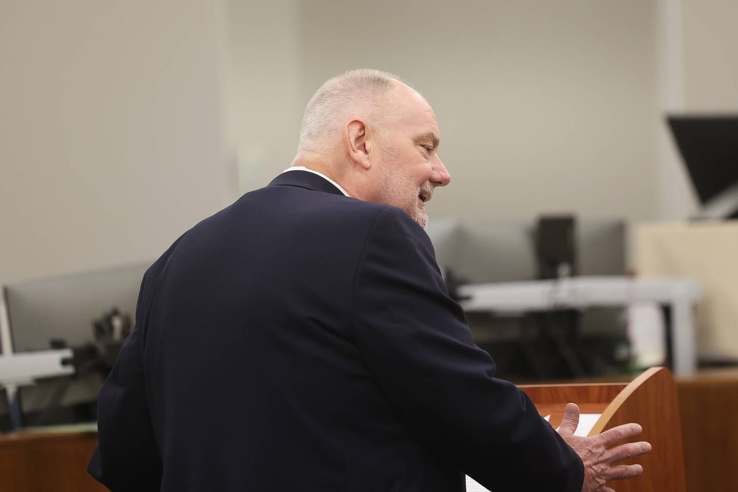Jon Hansen’s attorney Jeff Tomczak speaks with the prosecuting attorney at the Will County Courthouse on Thursday June 27, 2024 in Joliet. Hansen was arrested in May in connection with the Joliet murder spree that left 8 people dead in January.