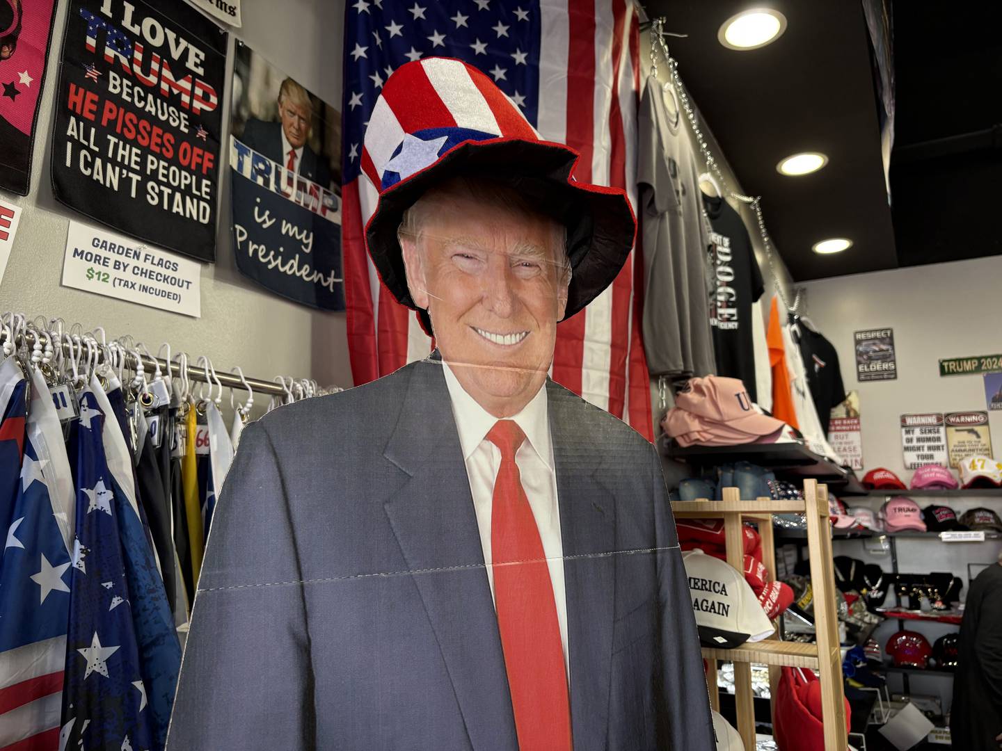 A cutout of President Donald Trump inside the Trump and Truth store in Huntley May 31, 2025.