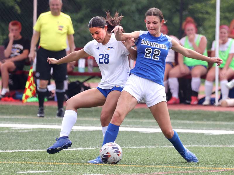Johnsburg's Danielle Vallone (left) and Columbia's Emily Rose fight for possession Saturday, June 7, 2025, during the IHSA Class 1A state championship game at North Central College in Naperville.